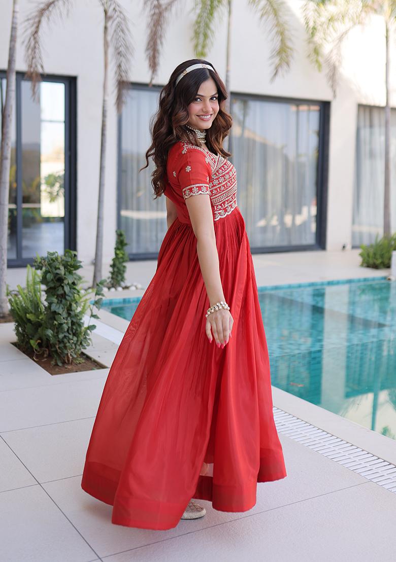 Dark Orange Embroidered Georgette Kurta - Indya