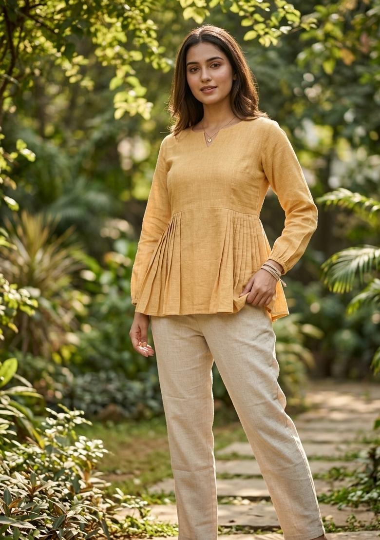 Yellow Embroidered Cotton Kurta Set - Indya