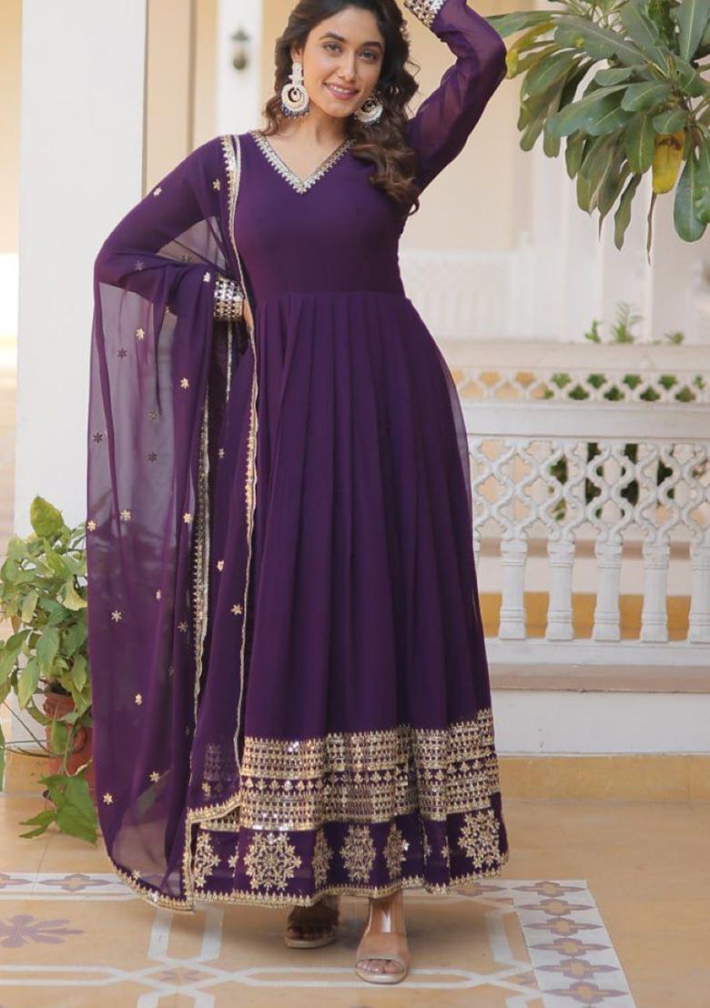 Violet Embroidered Silk Blend Anarkali With Dupatta - Indya