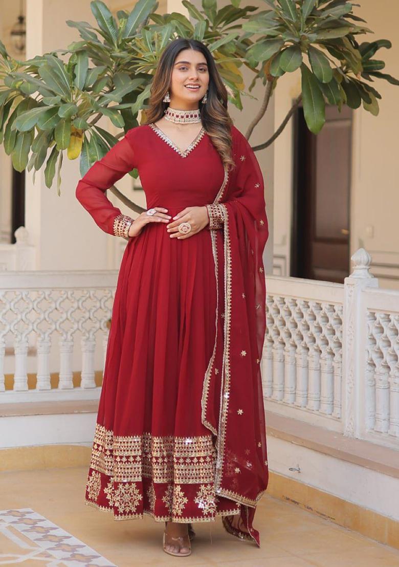 Red Embroidered Silk Blend Anarkali With Dupatta - Indya