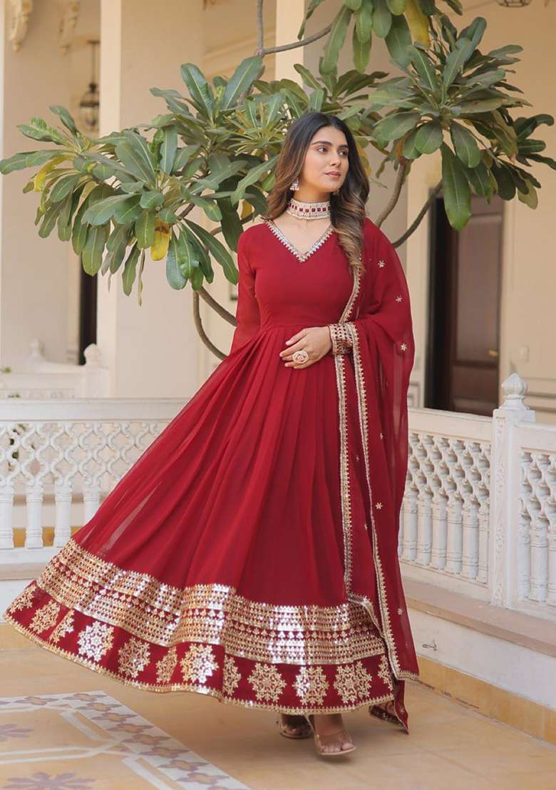 Red Embroidered Silk Blend Anarkali With Dupatta - Indya
