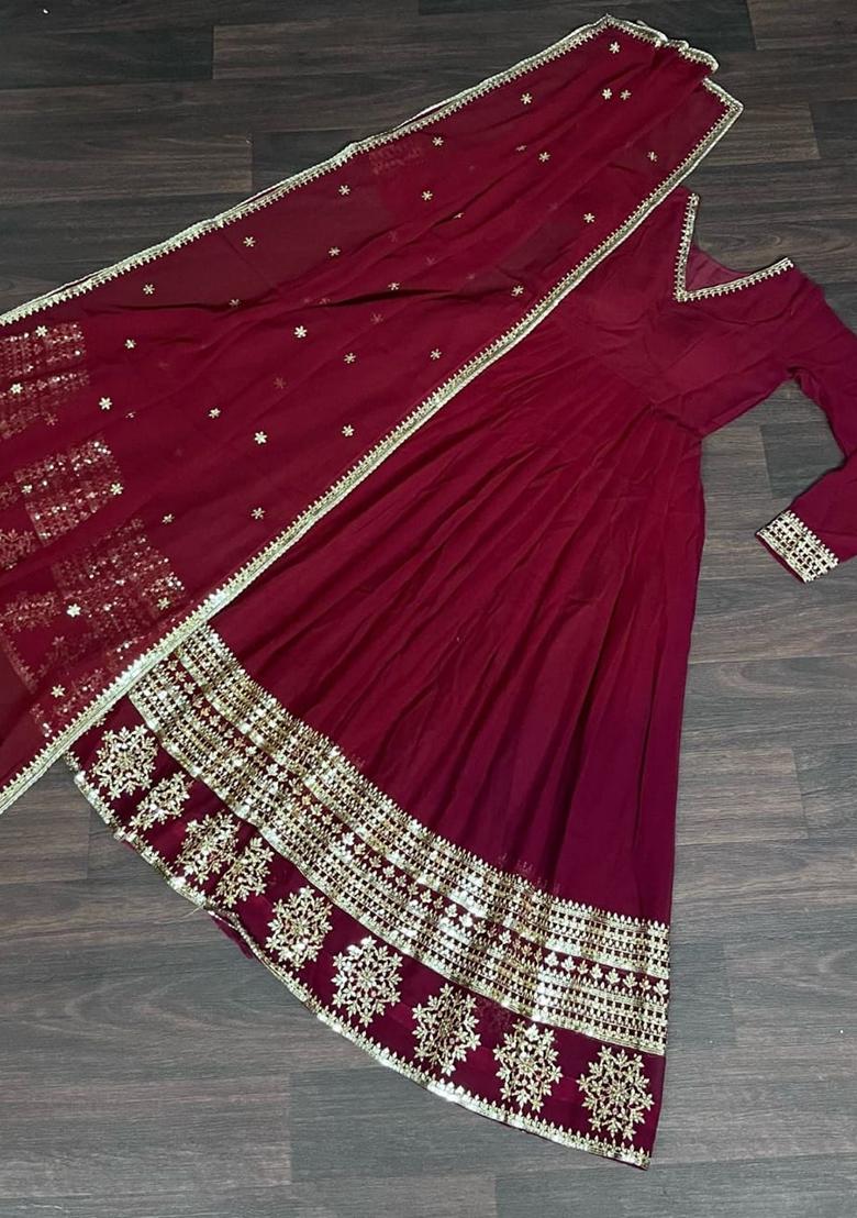 Red Embroidered Silk Blend Anarkali With Dupatta - Indya