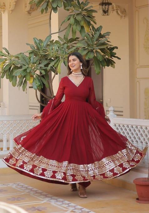 Red Embroidered Silk Anarkali With Dupatta