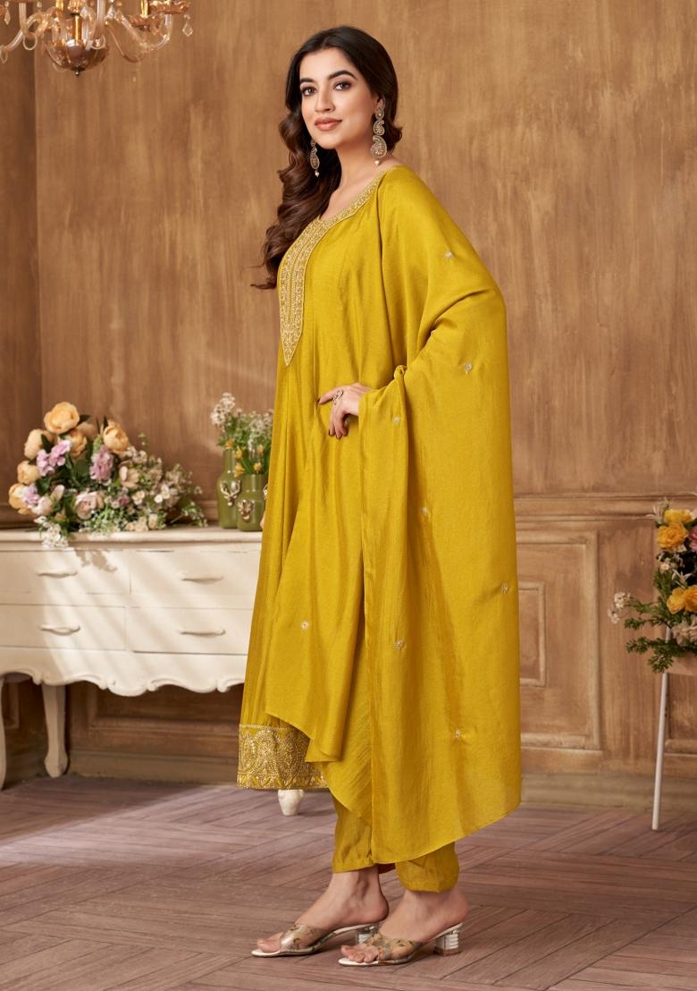 Yellow Embroidered Silk Blend Anarkali Set - Indya