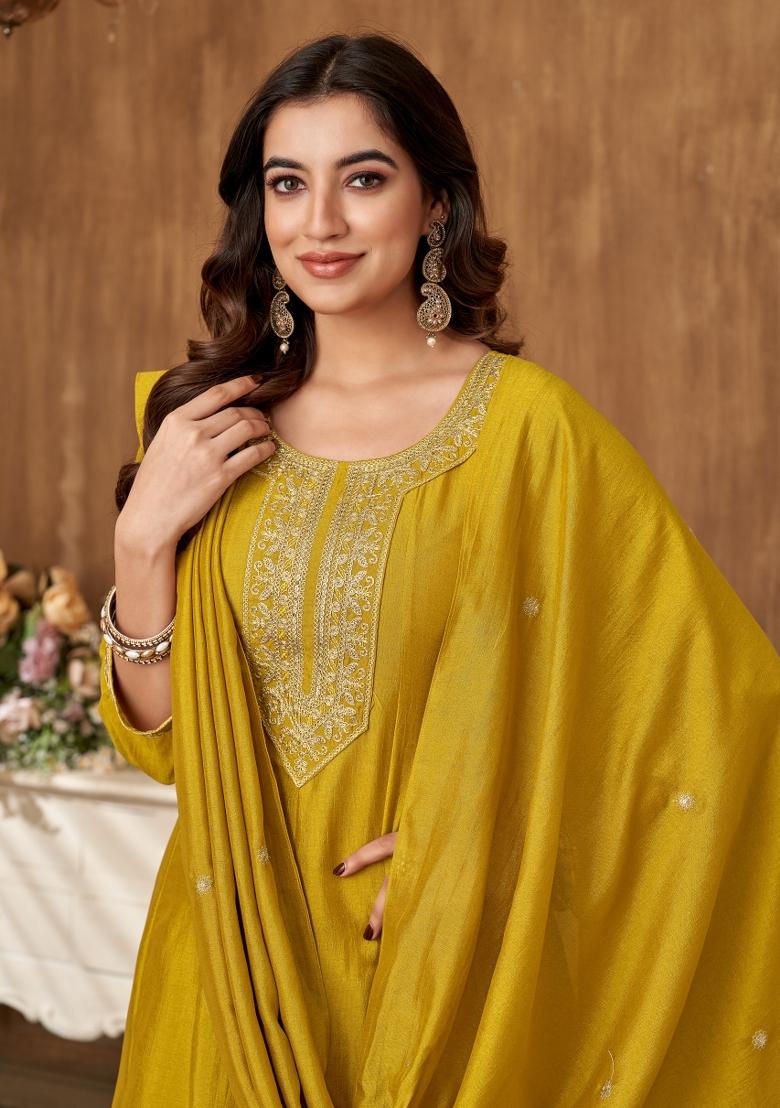 Yellow Embroidered Silk Blend Anarkali Set - Indya