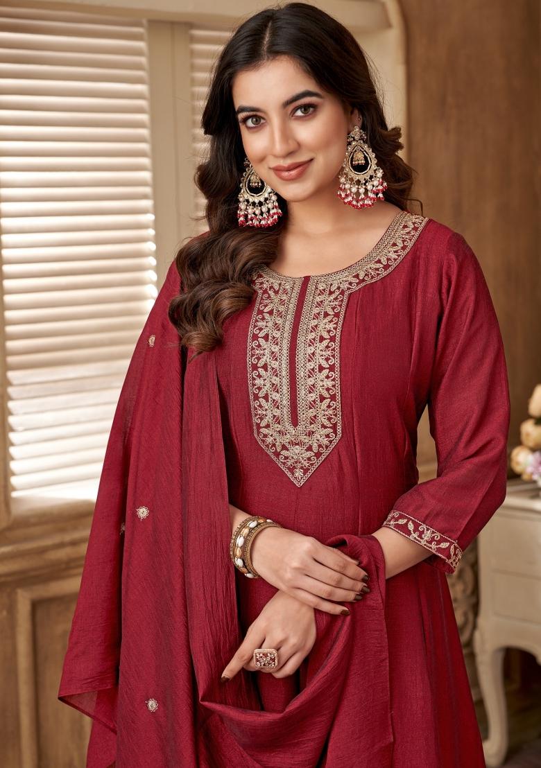 Maroon Embroidered Silk Blend Anarkali Set - Indya