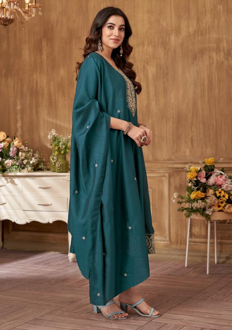 Teal Embroidered Silk Blend Anarkali Set - Indya