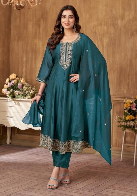 Teal Embroidered Silk Anarkali Set