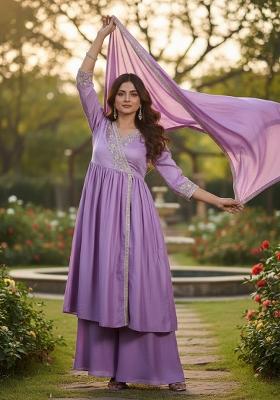 Purple Embroidered Silk Blend Anarkali Set