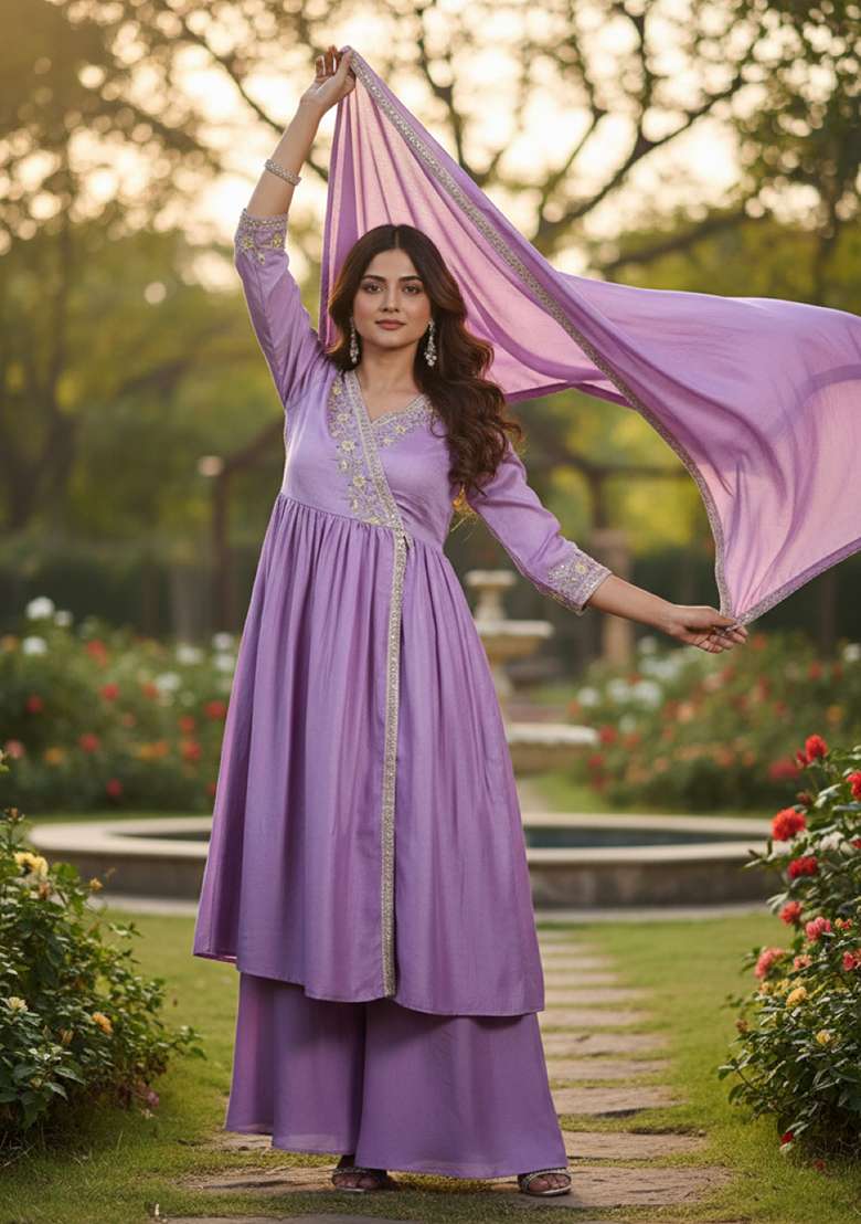 Purple Embroidered Silk Blend Anarkali Set - Indya