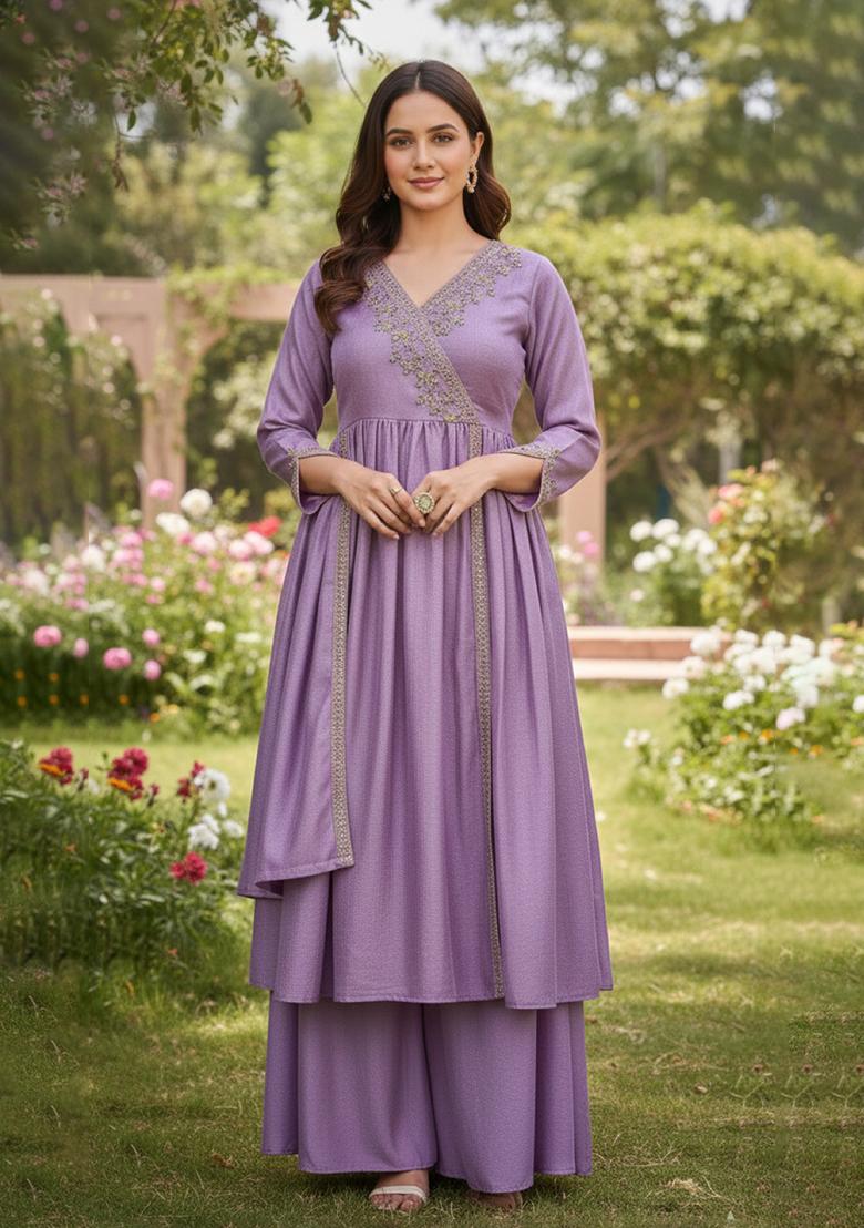 Purple Embroidered Silk Blend Anarkali Set - Indya