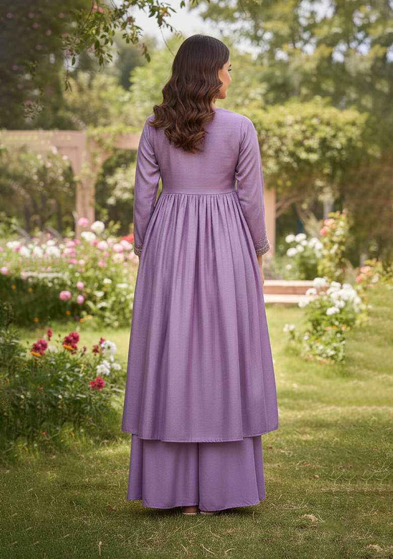 Purple Embroidered Silk Blend Anarkali Set - Indya