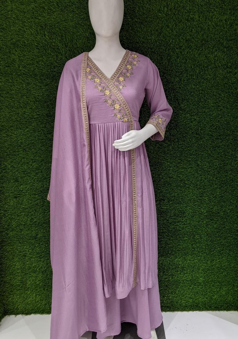 Purple Embroidered Silk Blend Anarkali Set - Indya