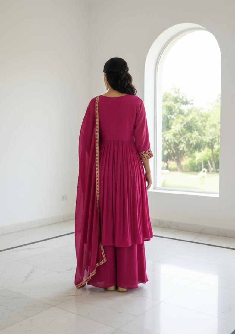 Pink Embroidered Silk Blend Anarkali Set - Indya