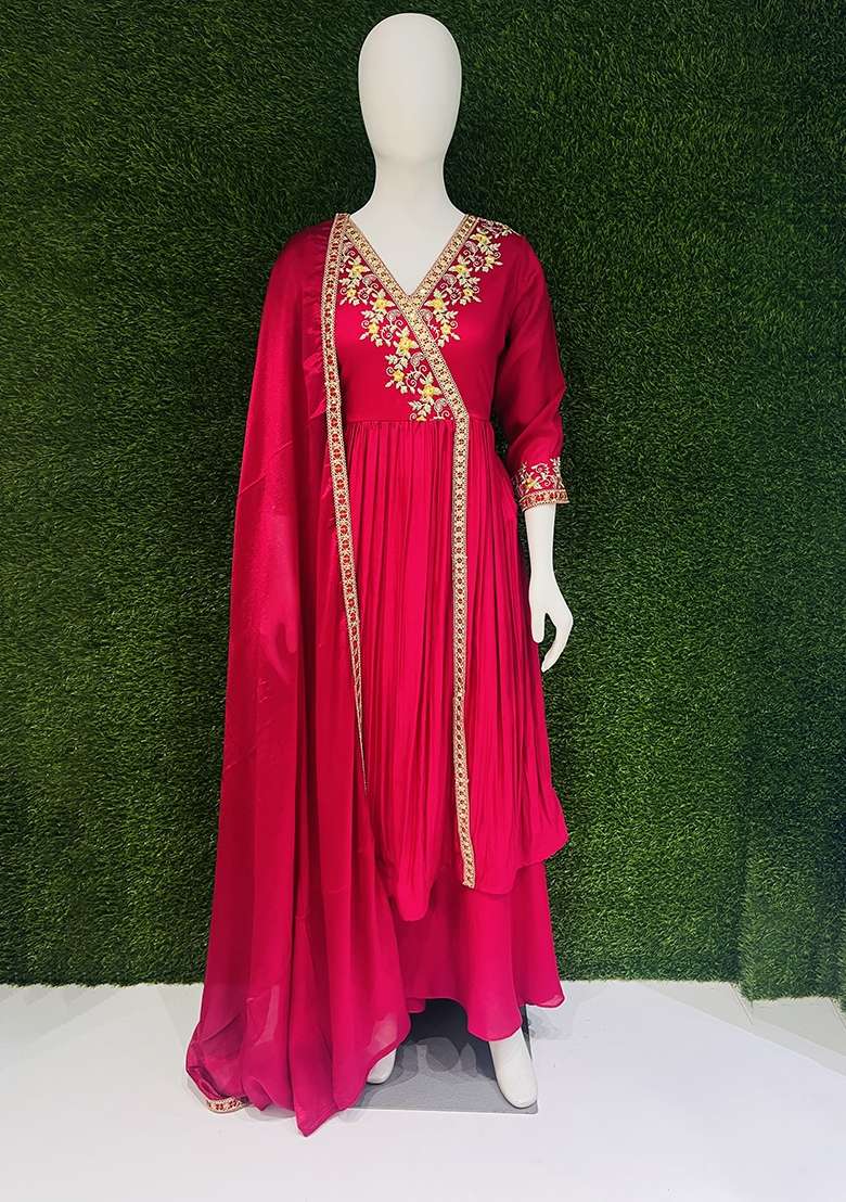 Pink Embroidered Silk Blend Anarkali Set - Indya