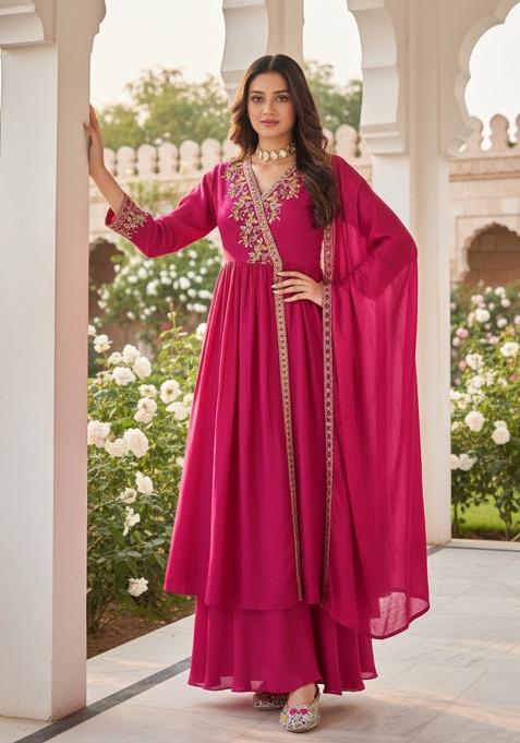 Pink Embroidered Silk Anarkali Set