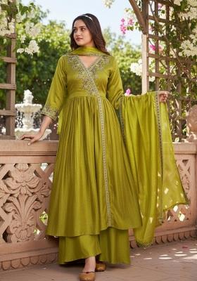 Yellow Embroidered Silk Blend Anarkali Set