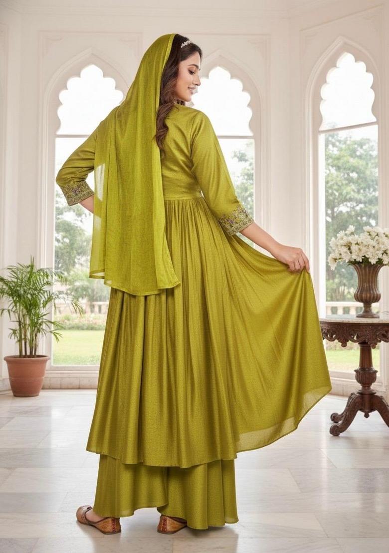 Yellow Embroidered Silk Blend Anarkali Set - Indya