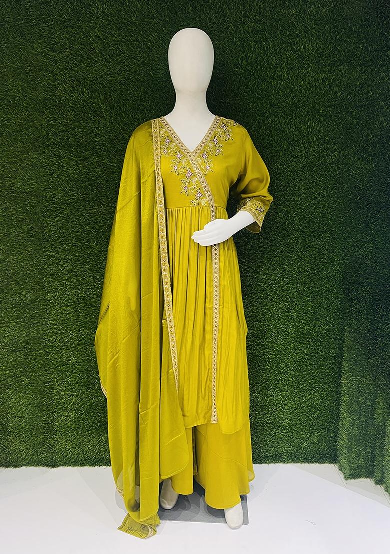 Yellow Embroidered Silk Blend Anarkali Set - Indya