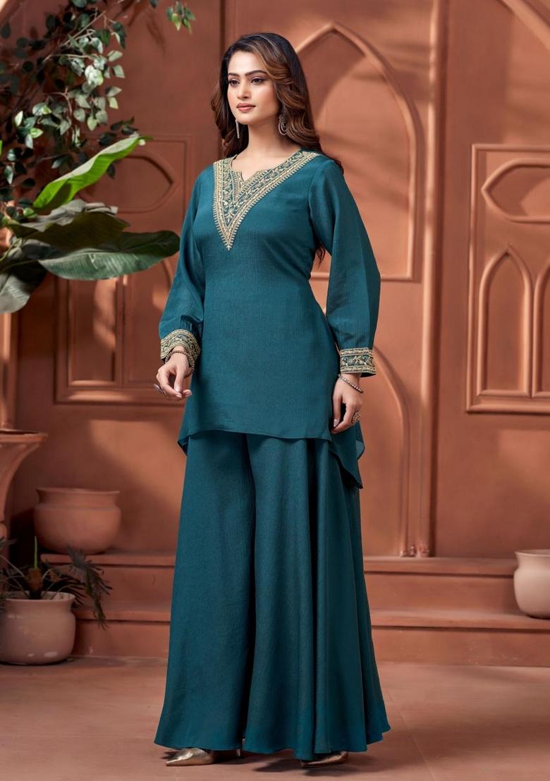 Teal Coading Work Chinon Salwar Kameez - Indya