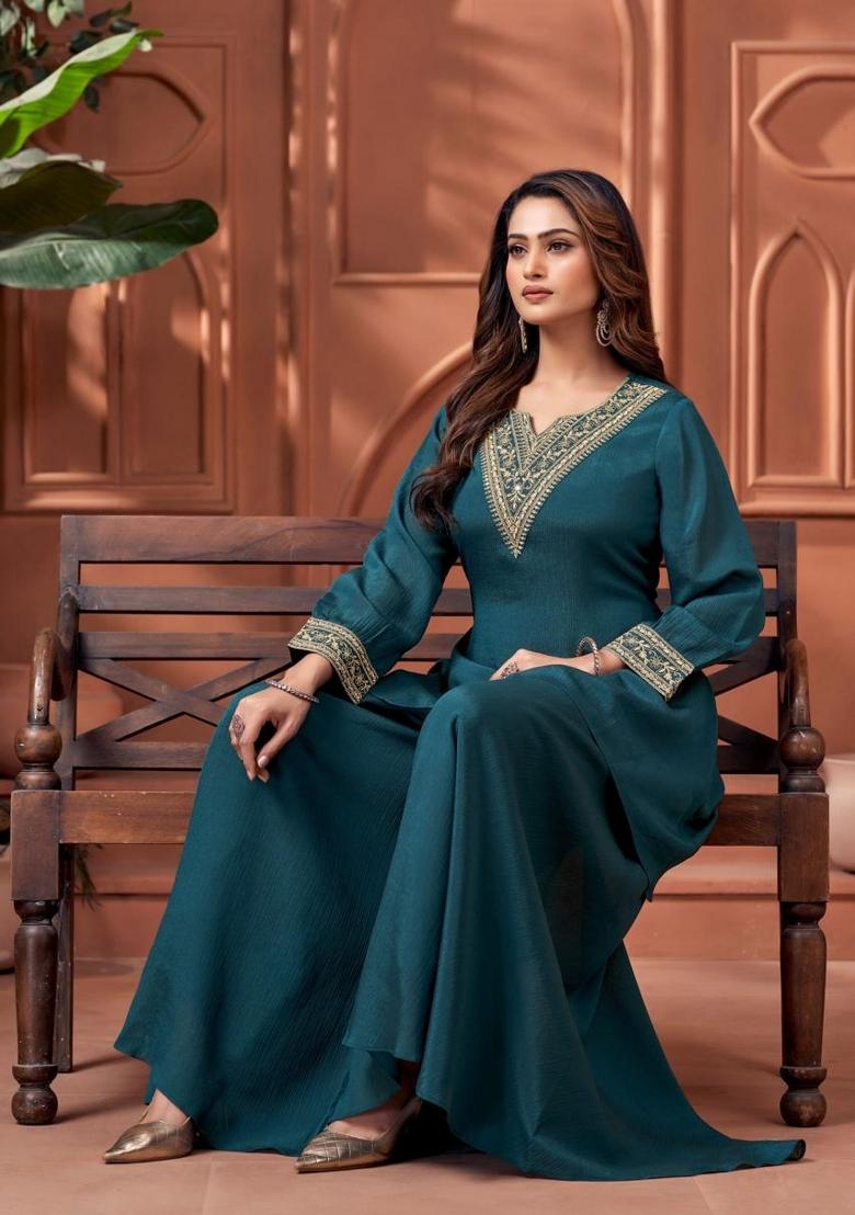 Teal Coading Work Chinon Salwar Kameez - Indya