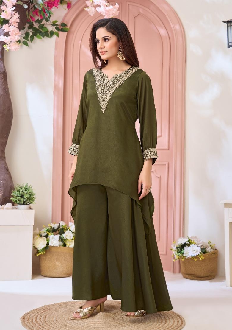 Mehendi Coading Work Chinon Salwar Kameez - Indya