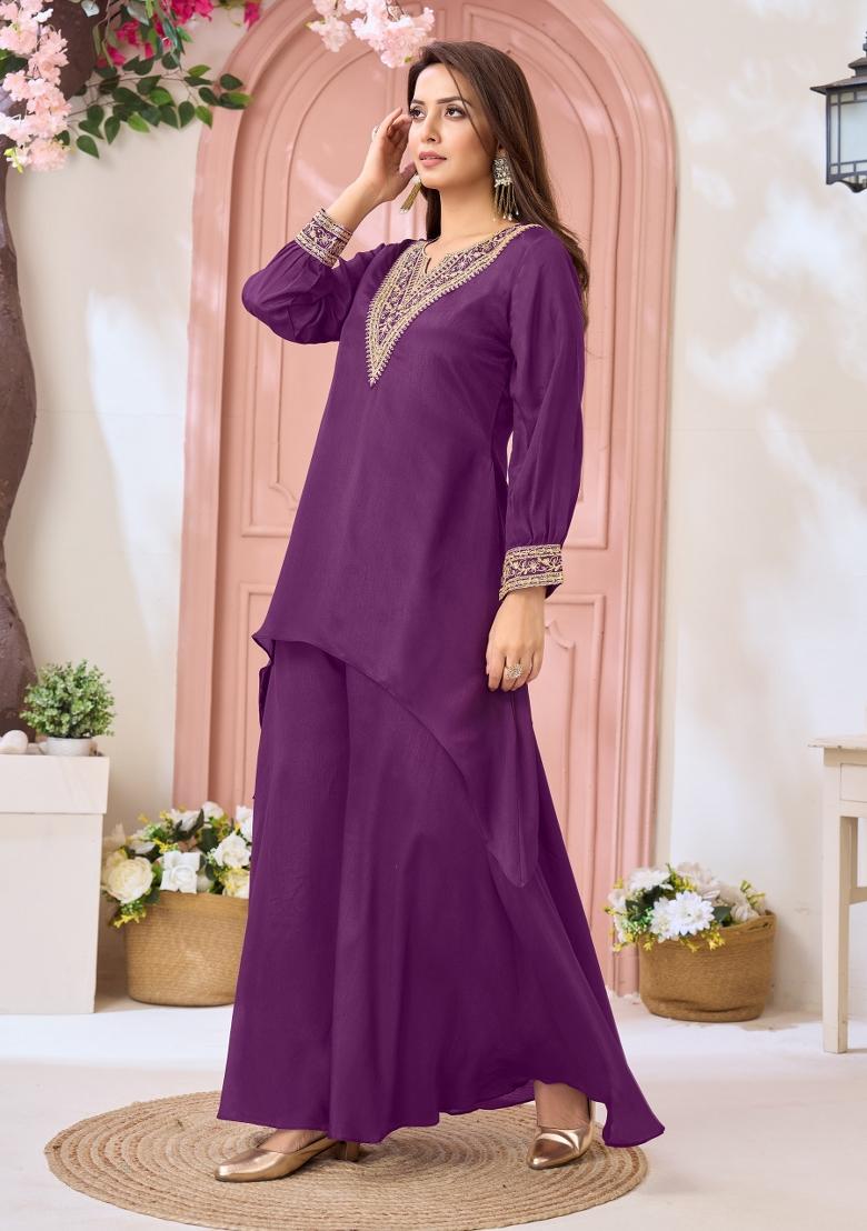 Purple Coading Work Chinon Salwar Kameez - Indya