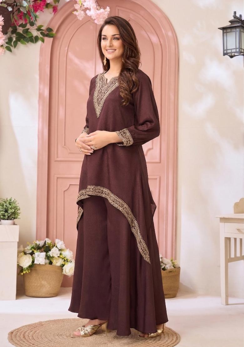 Coffee Coading Work Chinon Salwar Kameez - Indya