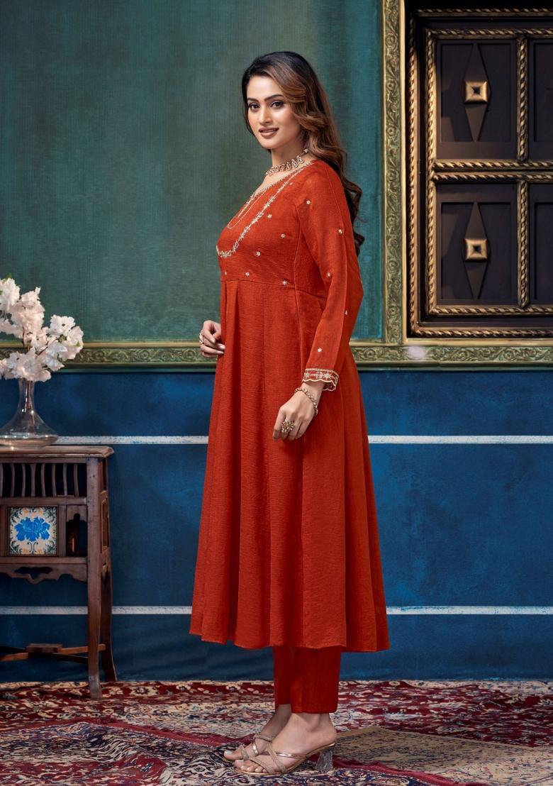 Rust Embroidered Silk Blend Anarkali Set - Indya
