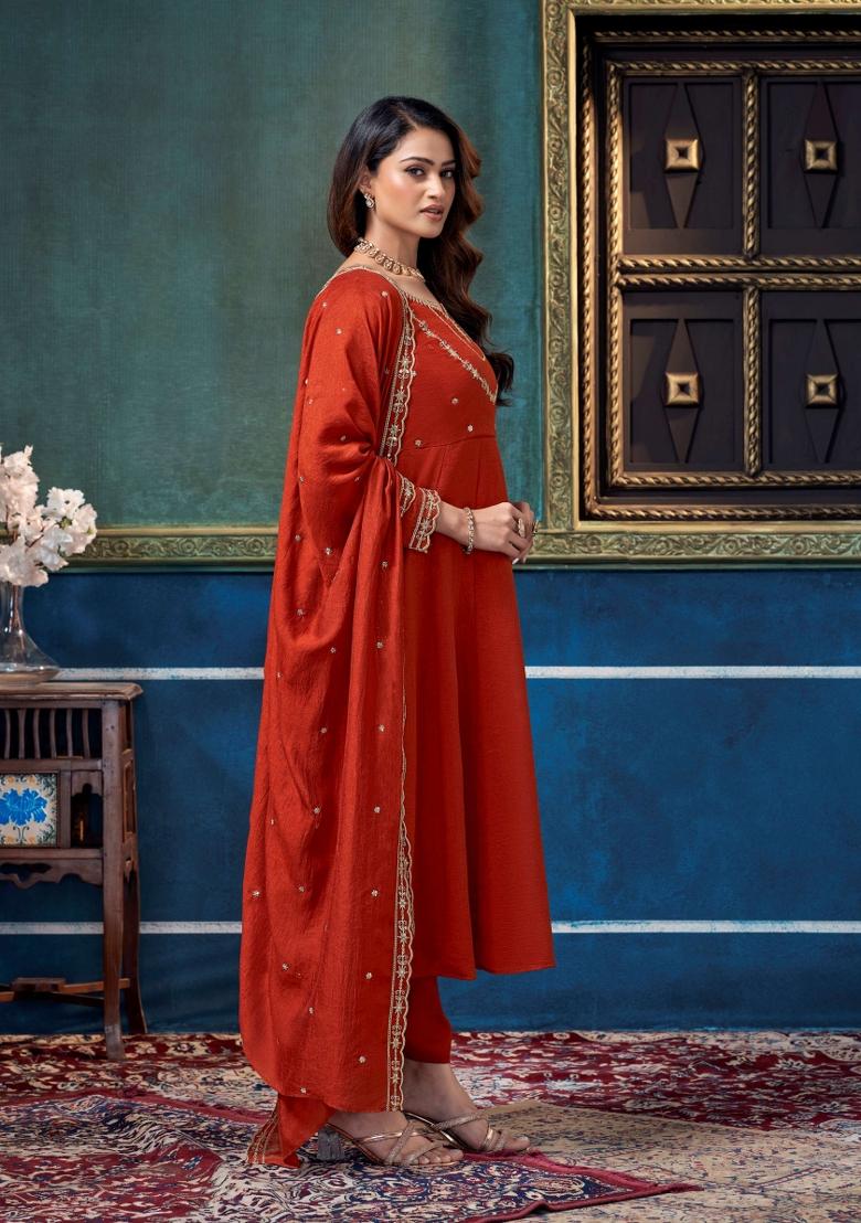 Rust Embroidered Silk Blend Anarkali Set - Indya
