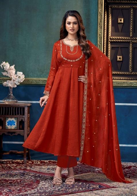 Rust Embroidered Silk Anarkali Set