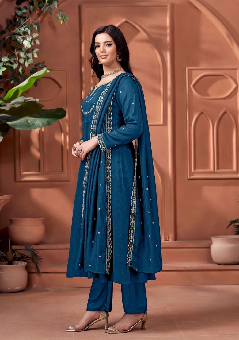Blue Embroidered Silk Blend Anarkali Set - Indya
