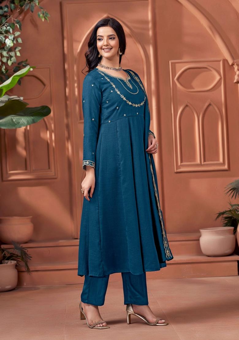 Blue Embroidered Silk Blend Anarkali Set - Indya