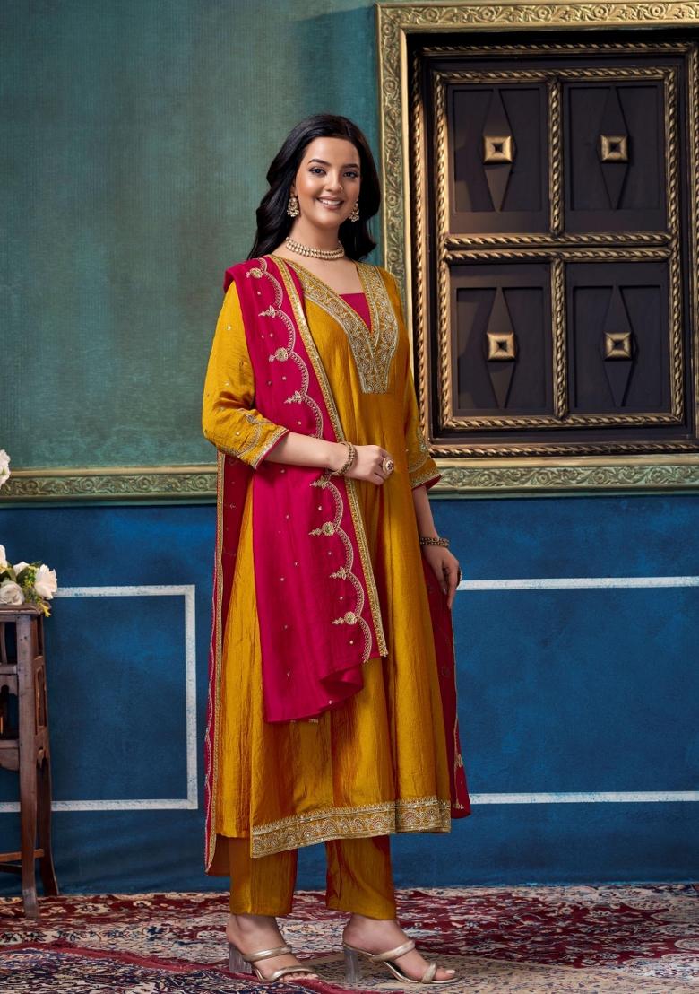 Yellow Embroidered Silk Blend Anarkali Set - Indya