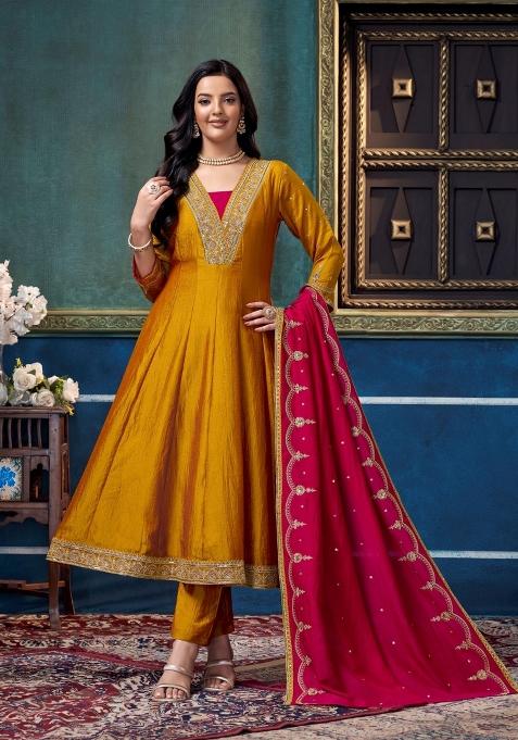 Yellow Embroidered Silk Anarkali Set