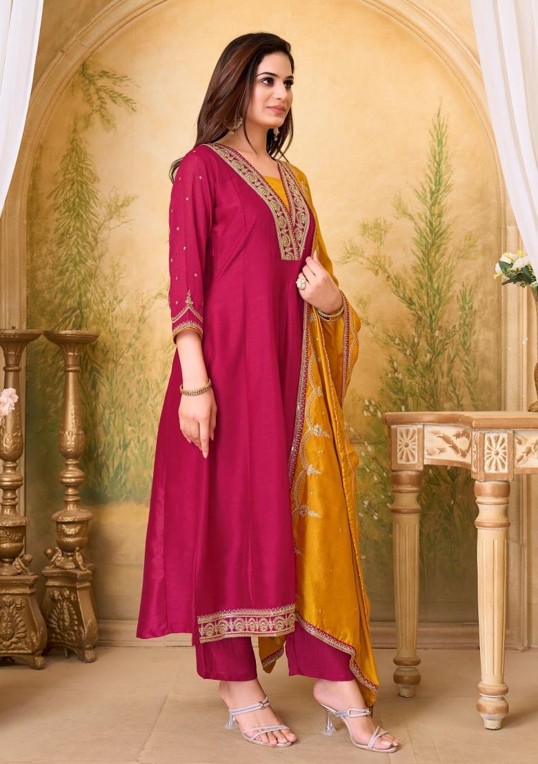 Pink Embroidered Silk Blend Anarkali Set - Indya