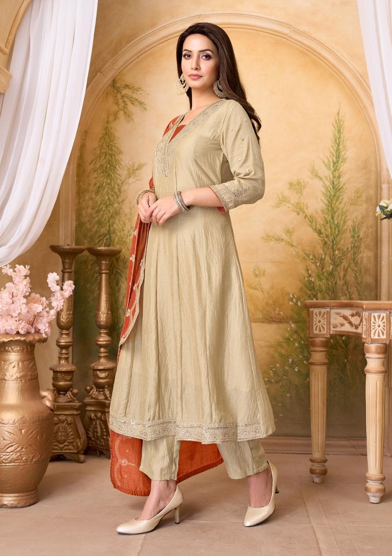 Cream Rust Embroidered Silk Blend Anarkali Set - Indya