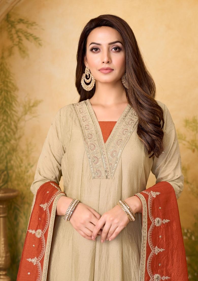 Cream Rust Embroidered Silk Blend Anarkali Set - Indya
