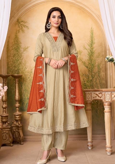 Cream Rust Embroidered Silk Blend Anarkali Set