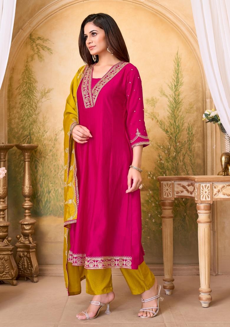 Pink And Yellow Embroidered Silk Blend Anarkali Set - Indya
