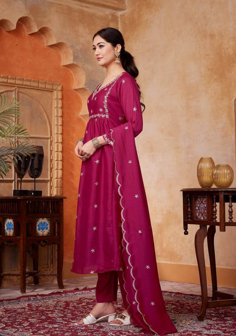 Pink Embroidered Silk Blend Anarkali Set - Indya