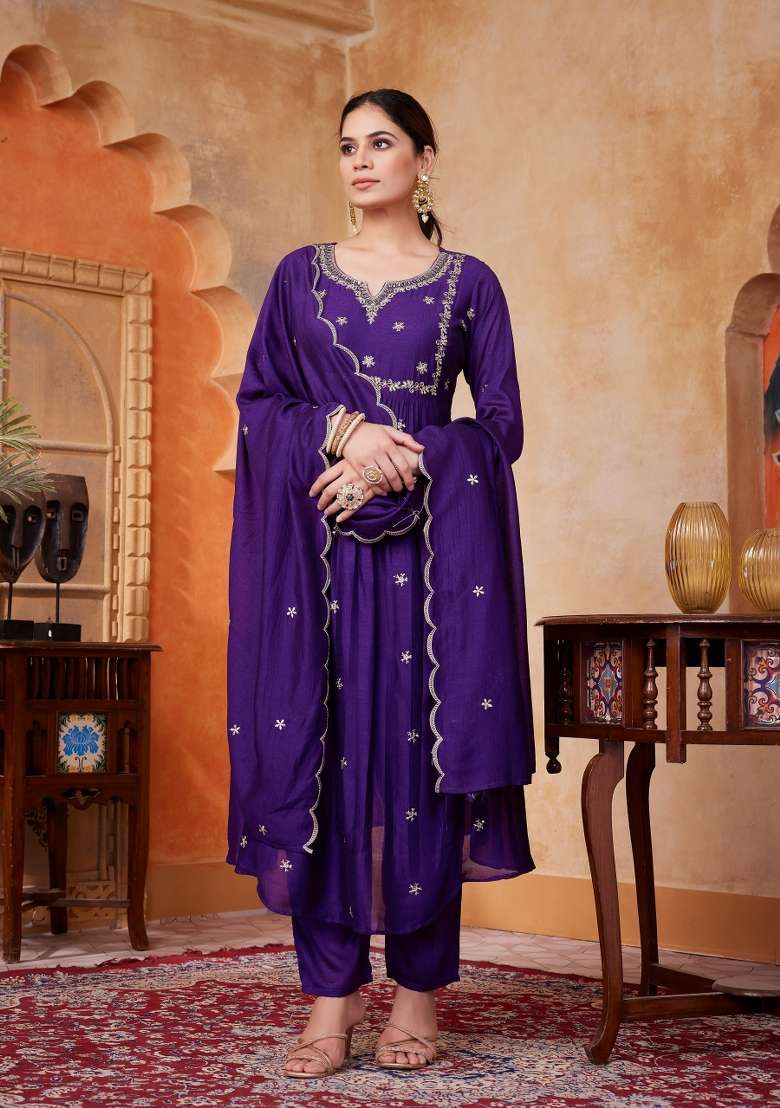 Purple Embroidered Silk Blend Anarkali Set - Indya