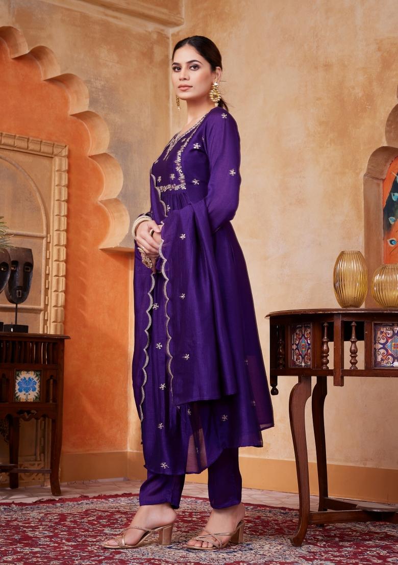 Purple Embroidered Silk Blend Anarkali Set - Indya