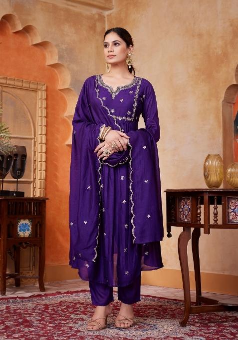 Purple Embroidered Silk Anarkali Set