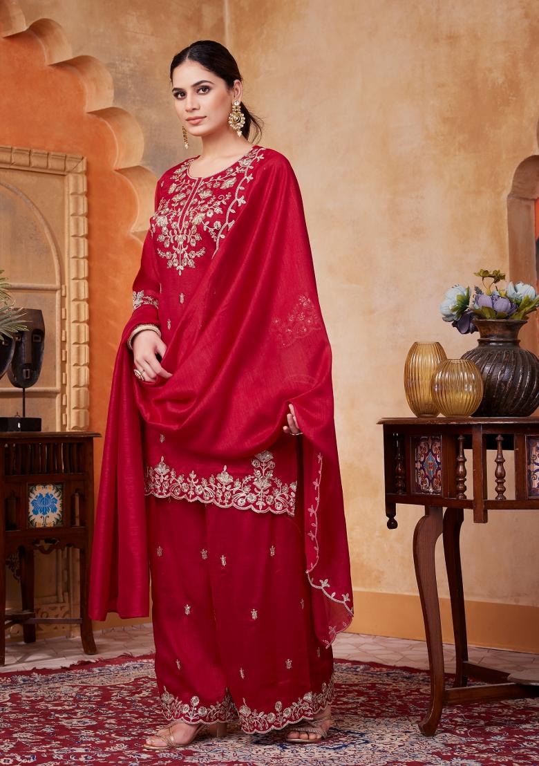 Pink Embroidered Silk Blend Salwar Kameez - Indya