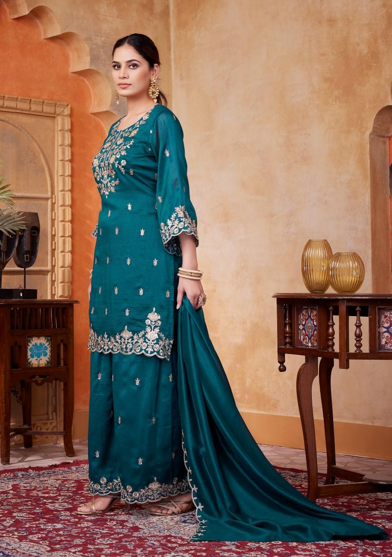 Teal Embroidered Silk Blend Salwar Kameez - Indya