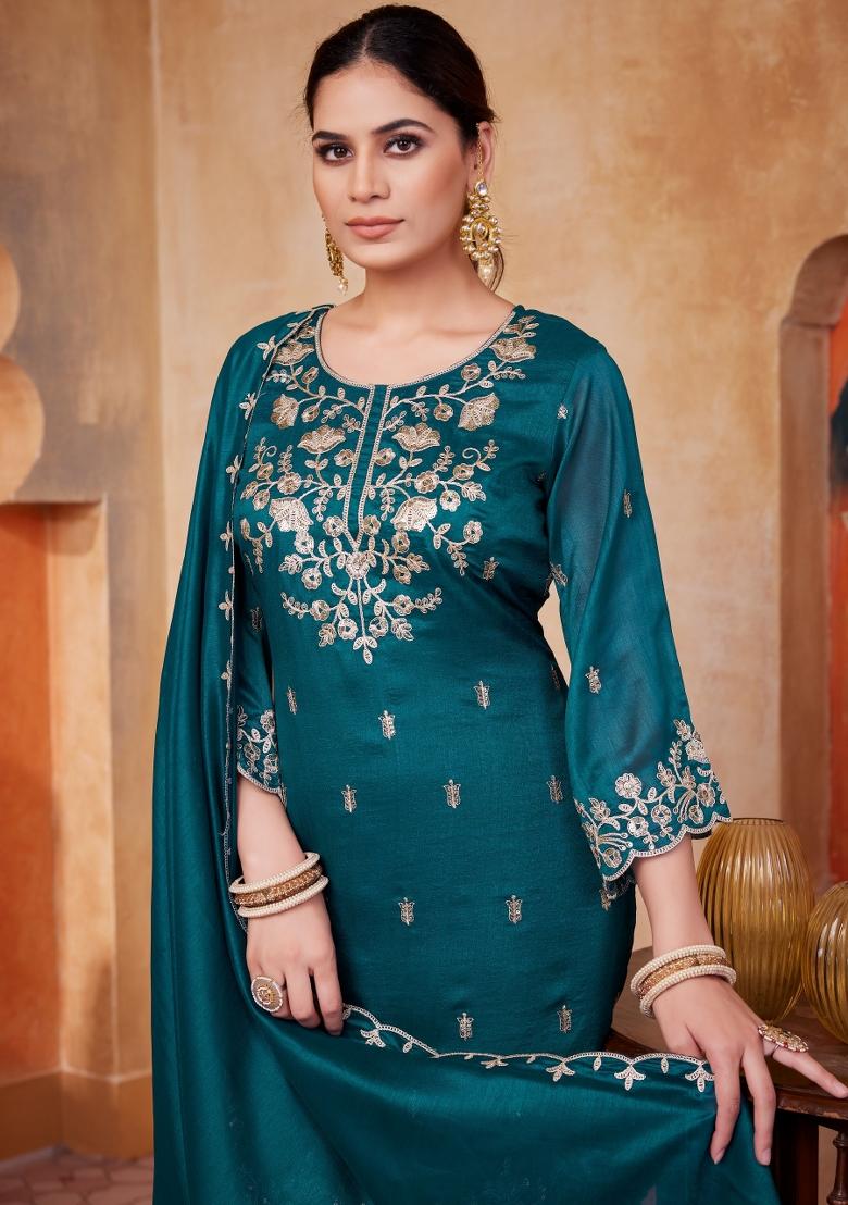 Teal Embroidered Silk Blend Salwar Kameez - Indya