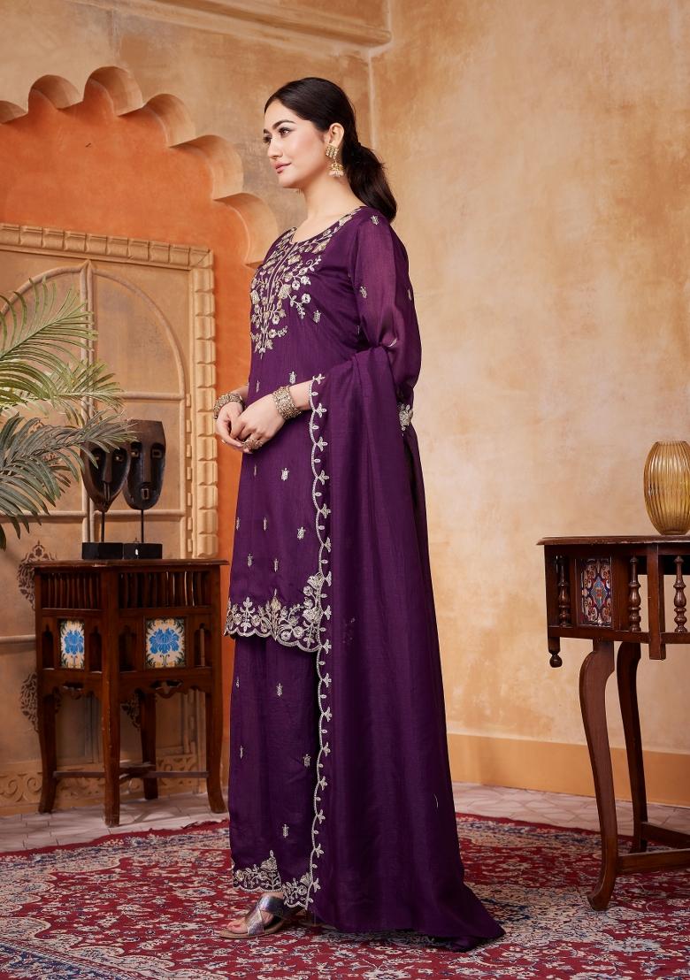 Wine Embroidered Silk Blend Salwar Kameez - Indya