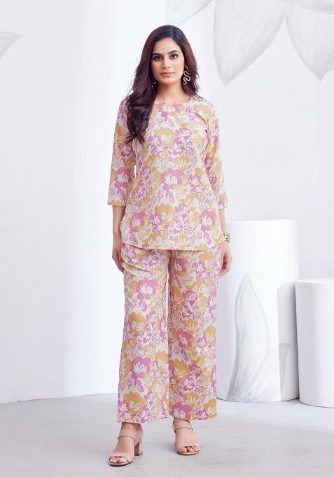 Pink Printed Linen Blend Co-Ords Set