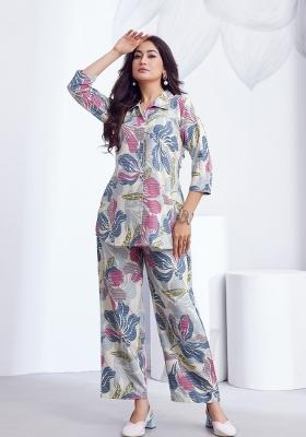 Sky Blue Printed Linen Blend Co-Ords Set